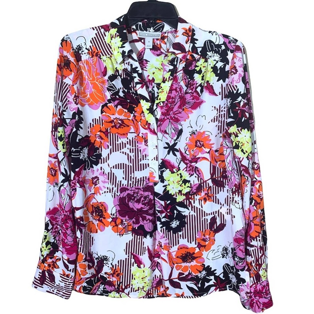DANA BUCHMAN LONG/ROLL TAB SLEEVES BLOUSE SIZE S FLORAL MULTICOLORS V-NECK